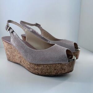 Jimmy Choo sz 8 champagne glitter peep toe slingback cork wedge